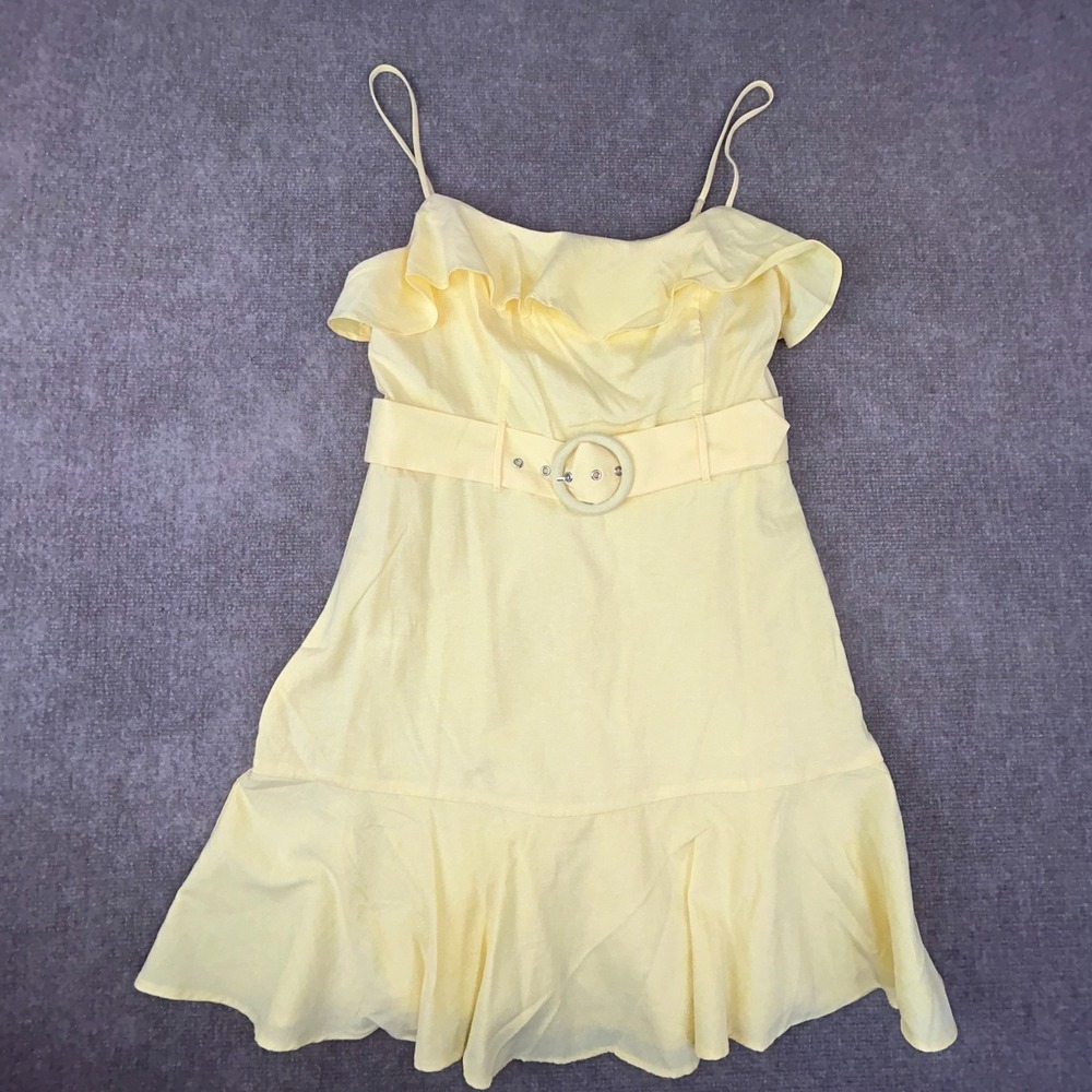 BCBGeneration Mini Dress Womens 10 Yellow Ruffle Cotton Belted Spaghetti Strap